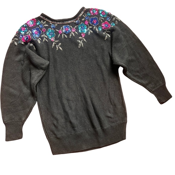 Victoria Jones Woman Sweaters - VTG Victoria Jones Sweater L Black Floral Beaded Sequin Embellished Knit Top